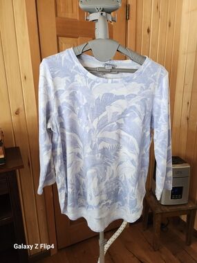 Tommy Bahama Pale Blue and White Tropical Print Long Sleeve Top